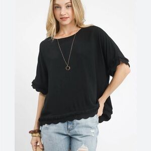 Elegant Black Women's Top Scallop Sleeve S NEW Linen UMGEE Short Sleeve Crew